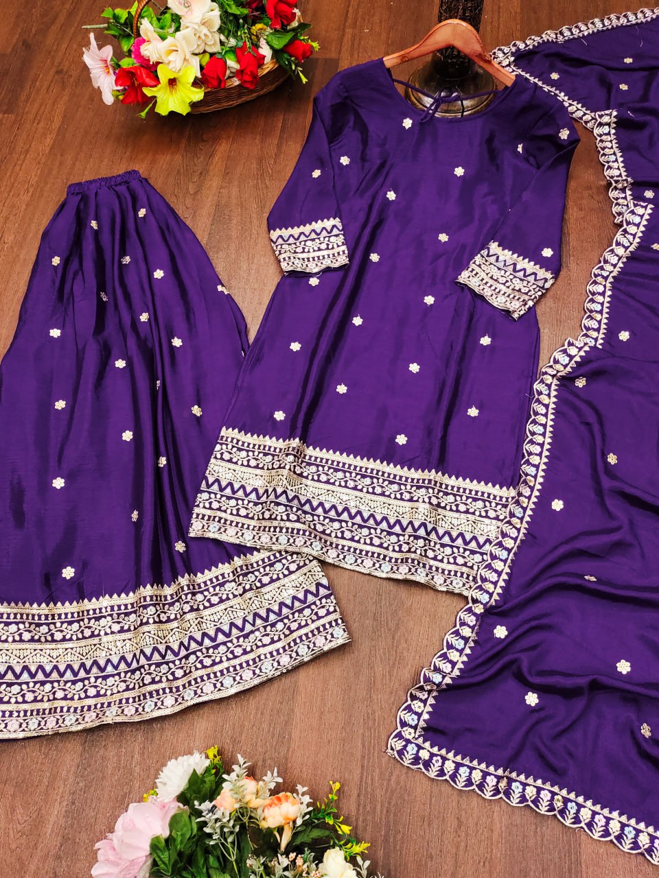 Prazu Fashion Violet Chinon Silk Sequence Embroidered Sharara Suit | Grocsy