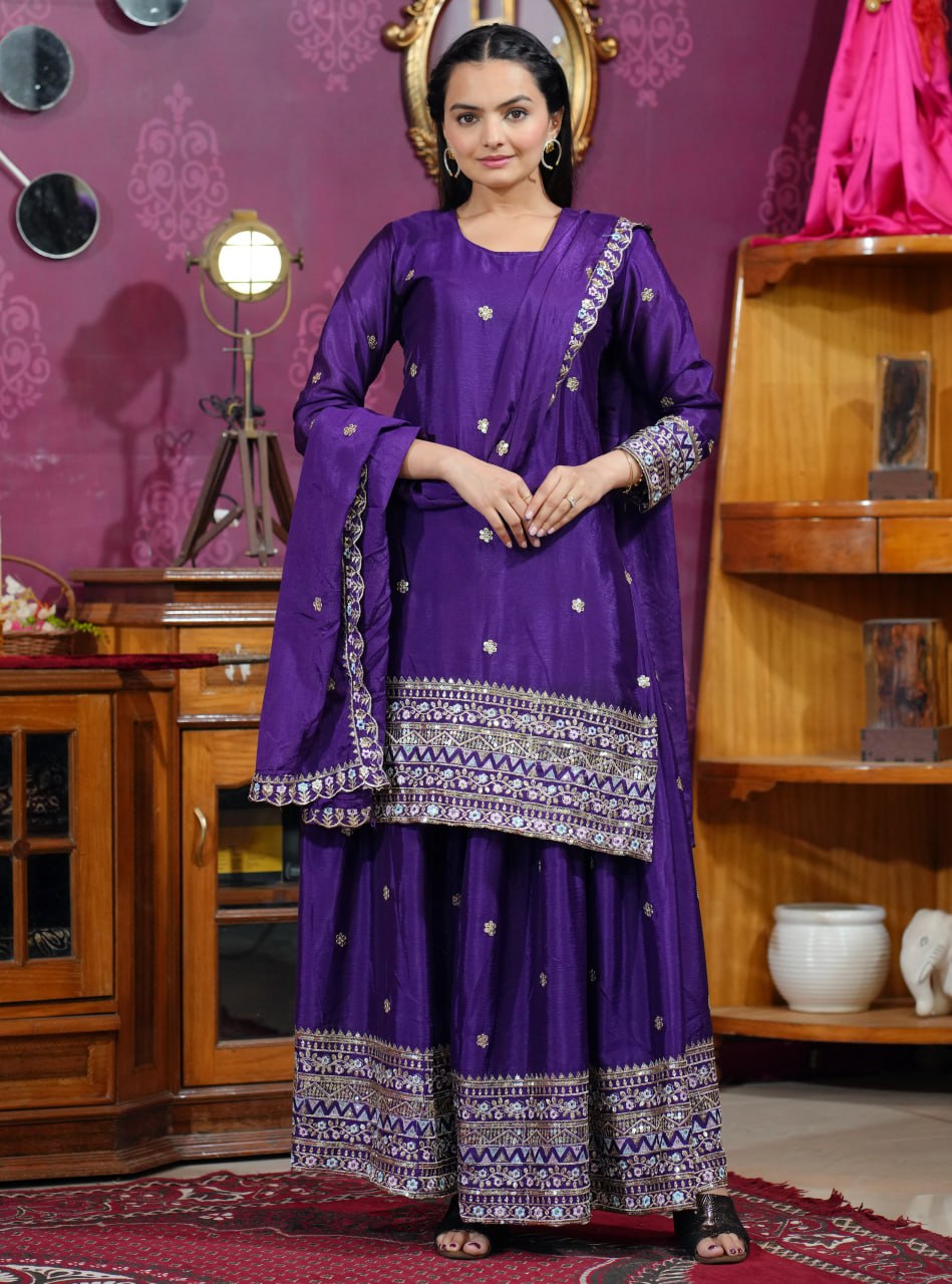 Prazu Fashion Violet Chinon Silk Sequence Embroidered Sharara Suit | Grocsy