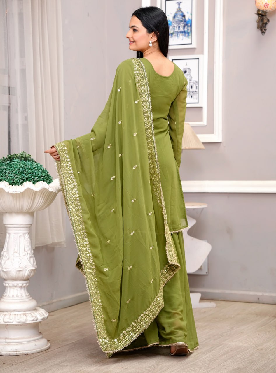 Prazu Fashion Mehendi Georgette Sequence Embroidered Sharara Suit | Grocsy