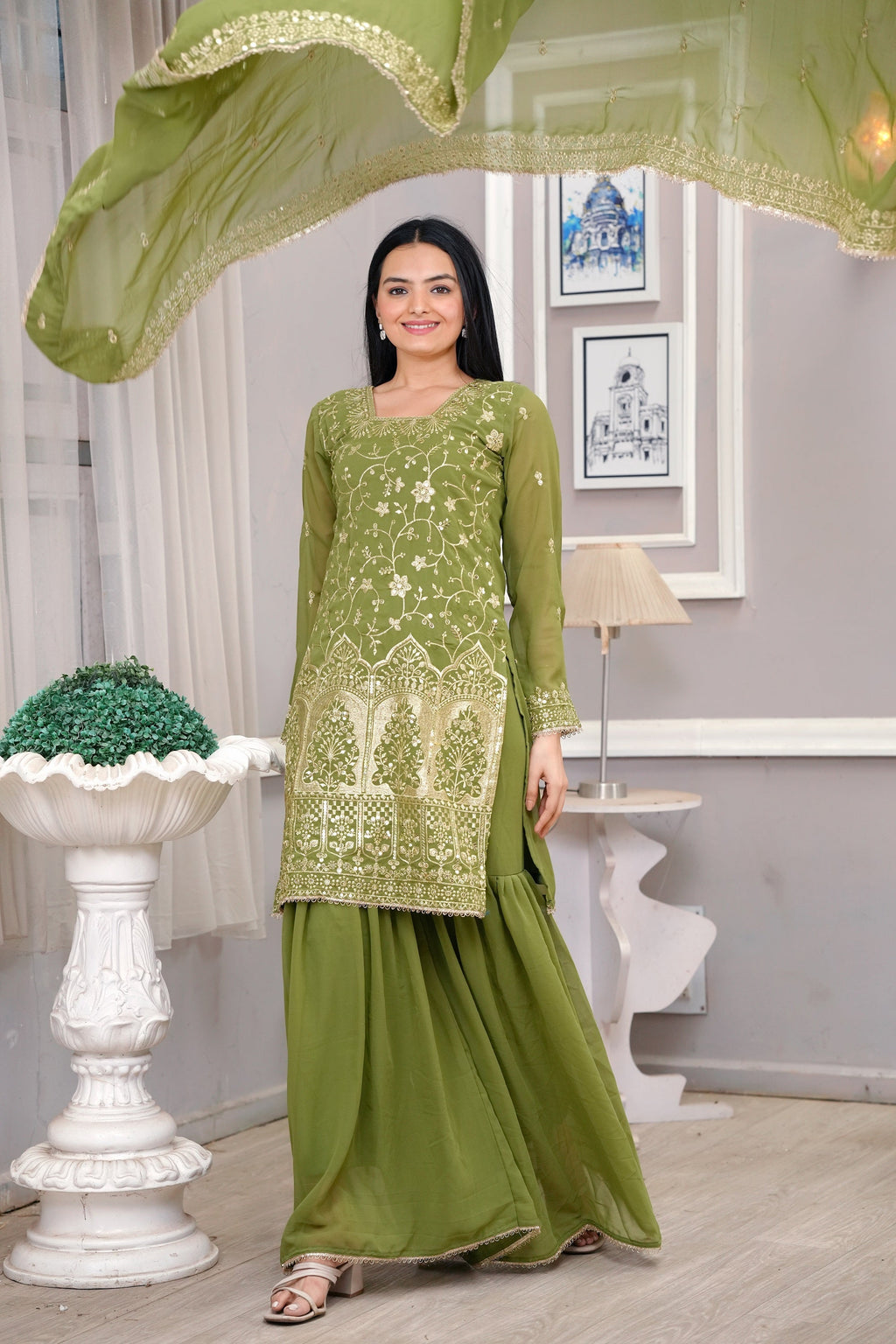 Lehenga Mart Mahendi Georgette Gorgeous Sharara Suit For Wedding Wear | Grocsy