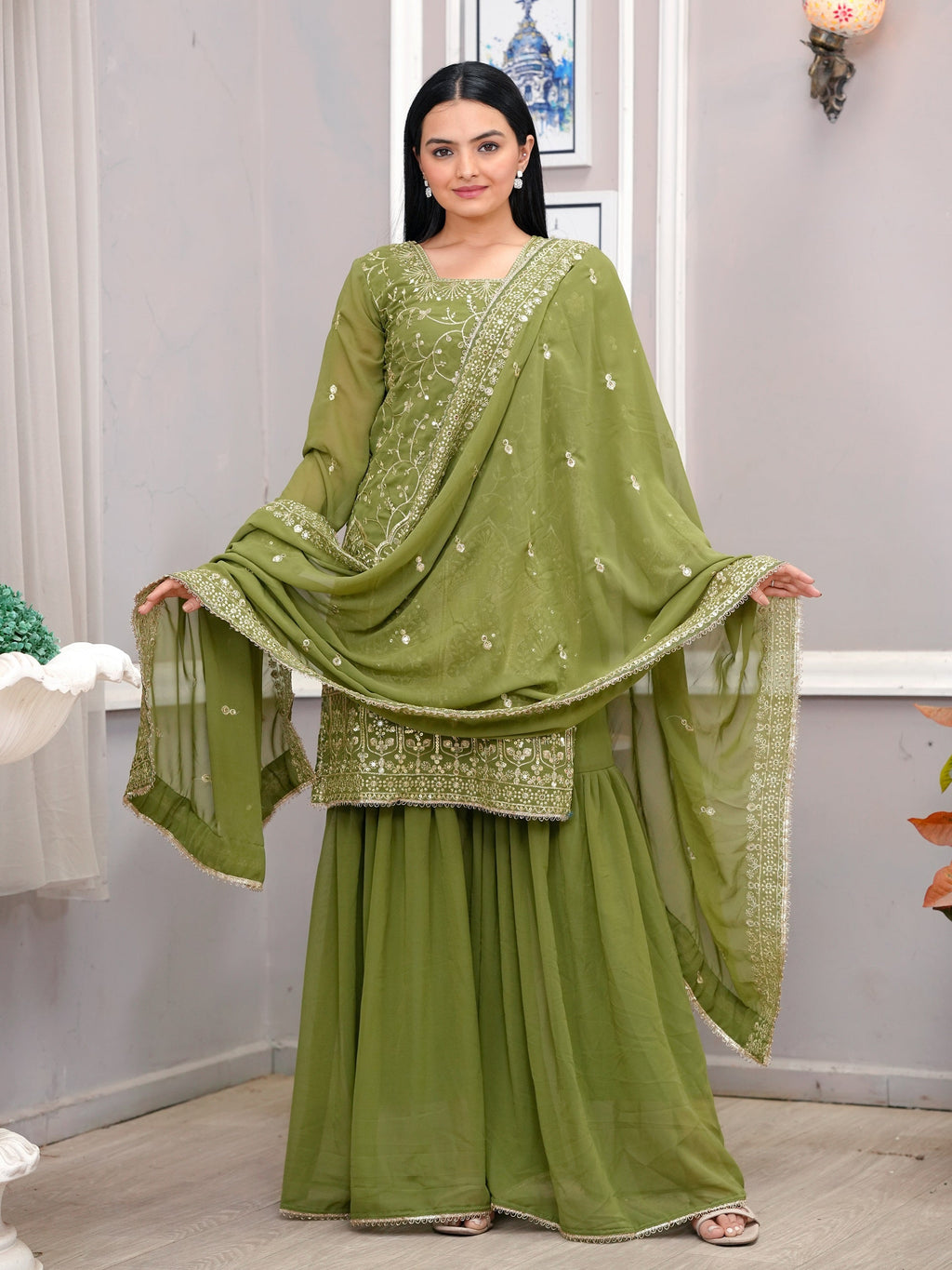 Lehenga Mart Mahendi Georgette Gorgeous Sharara Suit For Wedding Wear | Grocsy