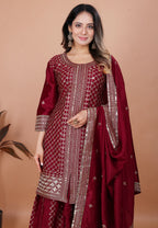 Prazu Fashion Maroon Chinon Silk Sequence Embroidered Sharara Suit | Grocsy