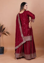 Prazu Fashion Maroon Chinon Silk Sequence Embroidered Sharara Suit | Grocsy