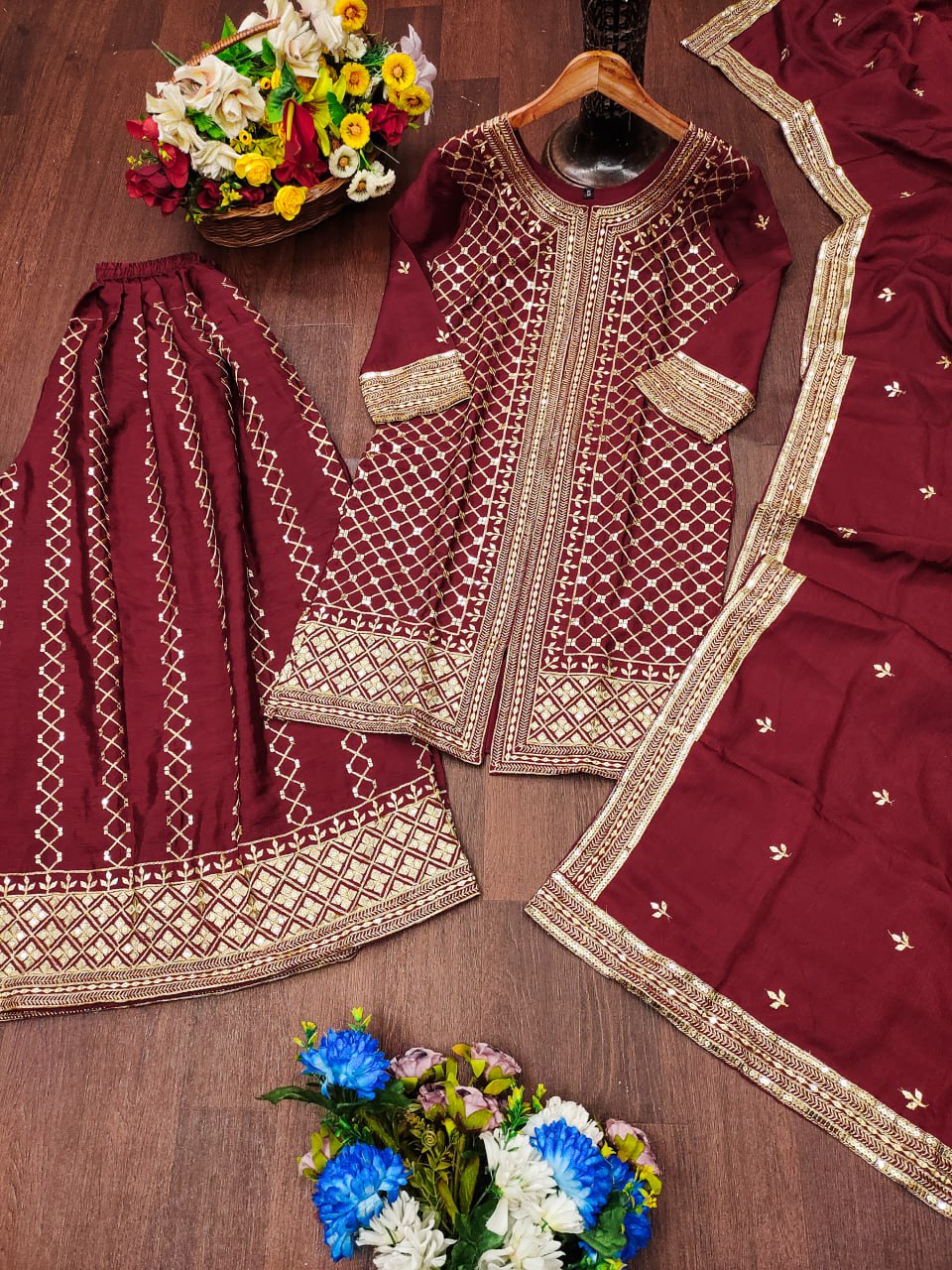 Prazu Fashion Maroon Chinon Silk Sequence Embroidered Sharara Suit | Grocsy