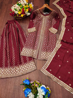 Prazu Fashion Maroon Chinon Silk Sequence Embroidered Sharara Suit | Grocsy