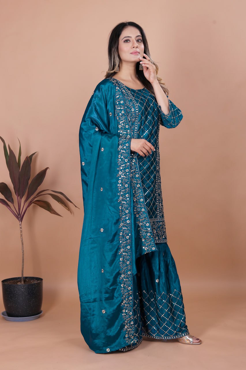 Prazu Fashion Aqua Blue Chinon Silk Sequence Embroidered Sharara Suit | Grocsy