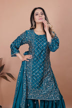 Prazu Fashion Aqua Blue Chinon Silk Sequence Embroidered Sharara Suit | Grocsy