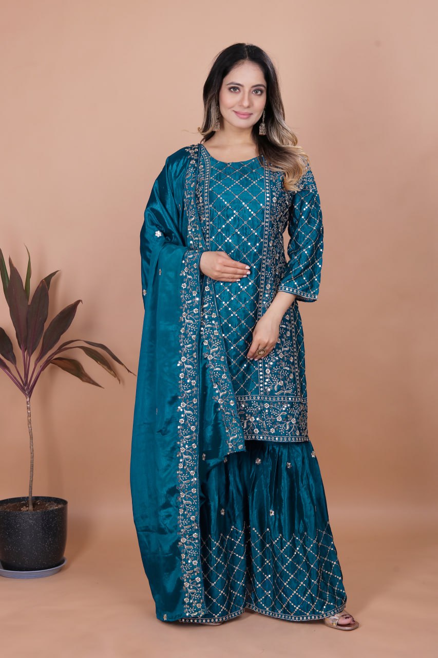 Prazu Fashion Aqua Blue Chinon Silk Sequence Embroidered Sharara Suit | Grocsy