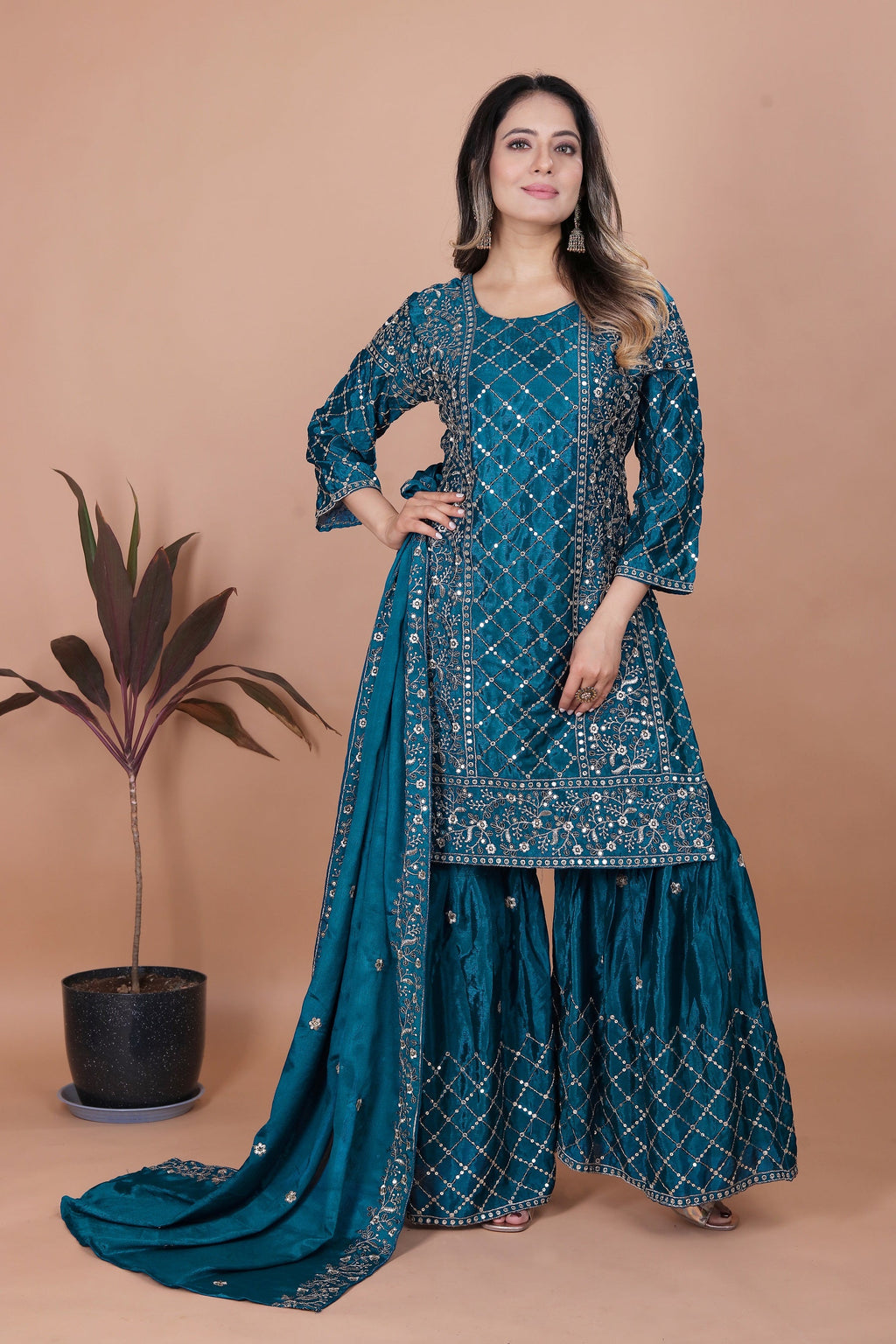 Lehenga Mart Teal Chinon Gorgeous Chinon Sharara Suit For Wedding Wear | Grocsy