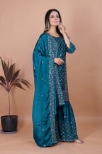 Lehenga Mart Teal Chinon Gorgeous Chinon Sharara Suit For Wedding Wear | Grocsy