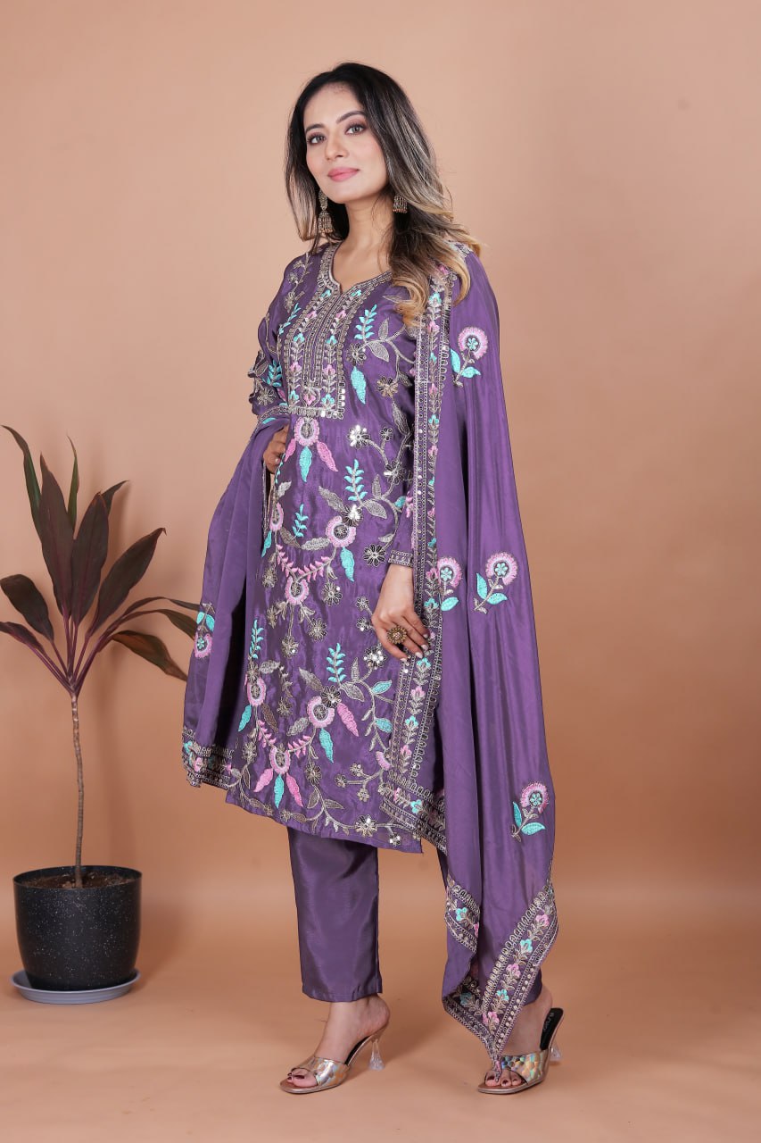 Prazu Fashion Dark Lavender Chinon Silk Sequence Embroidered Salwar Suit | Grocsy