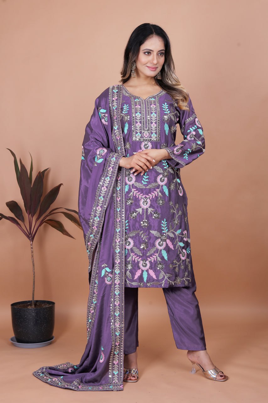 Prazu Fashion Dark Lavender Chinon Silk Sequence Embroidered Salwar Suit | Grocsy