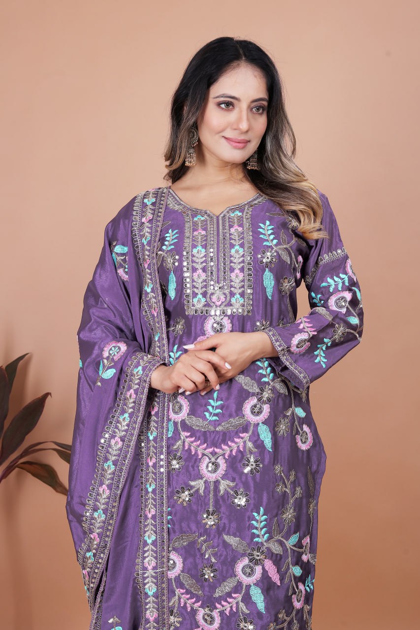 Prazu Fashion Dark Lavender Chinon Silk Sequence Embroidered Salwar Suit | Grocsy