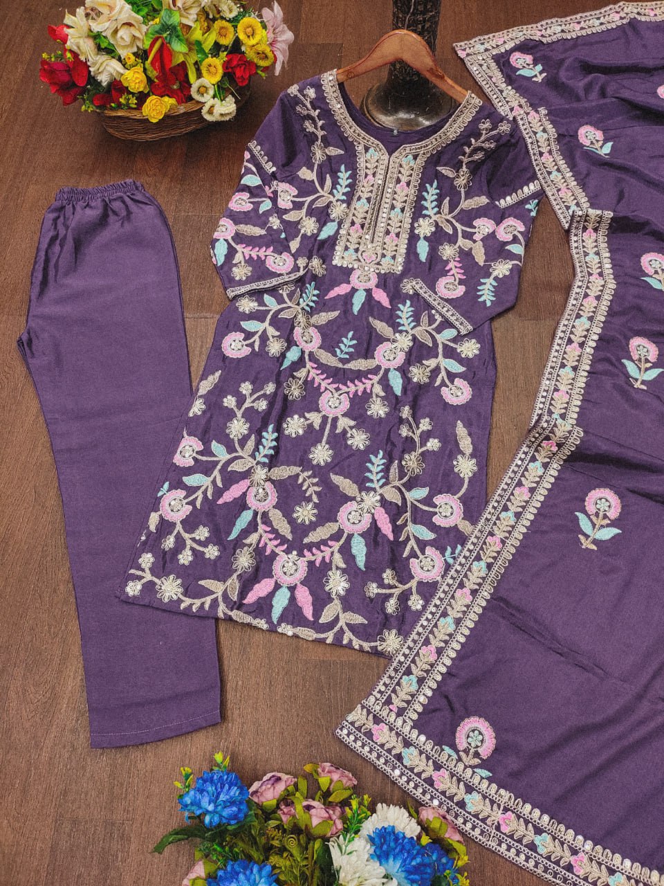 Prazu Fashion Dark Lavender Chinon Silk Sequence Embroidered Salwar Suit | Grocsy