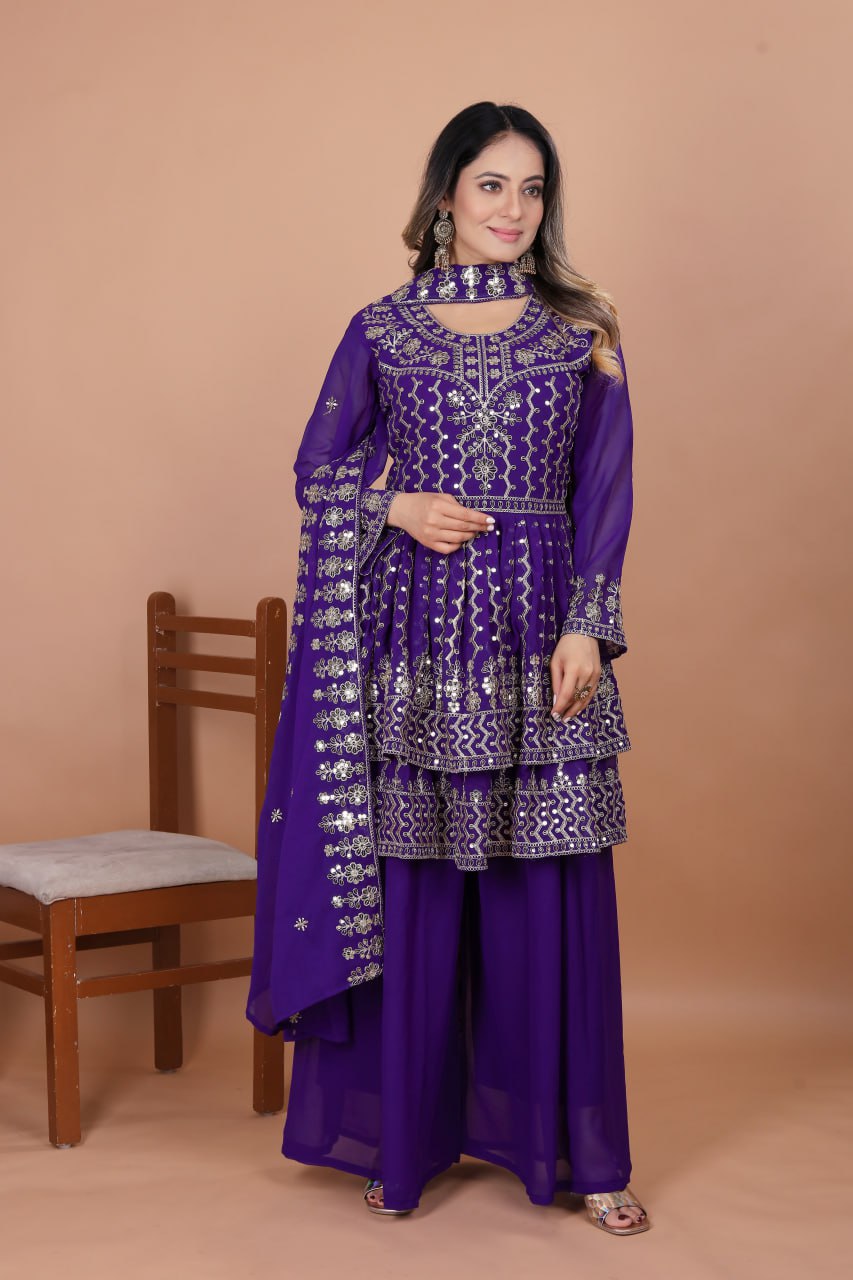 Prazu Fashion Violet Blue Georgette Sequence Embroidered Sharara Suit | Grocsy
