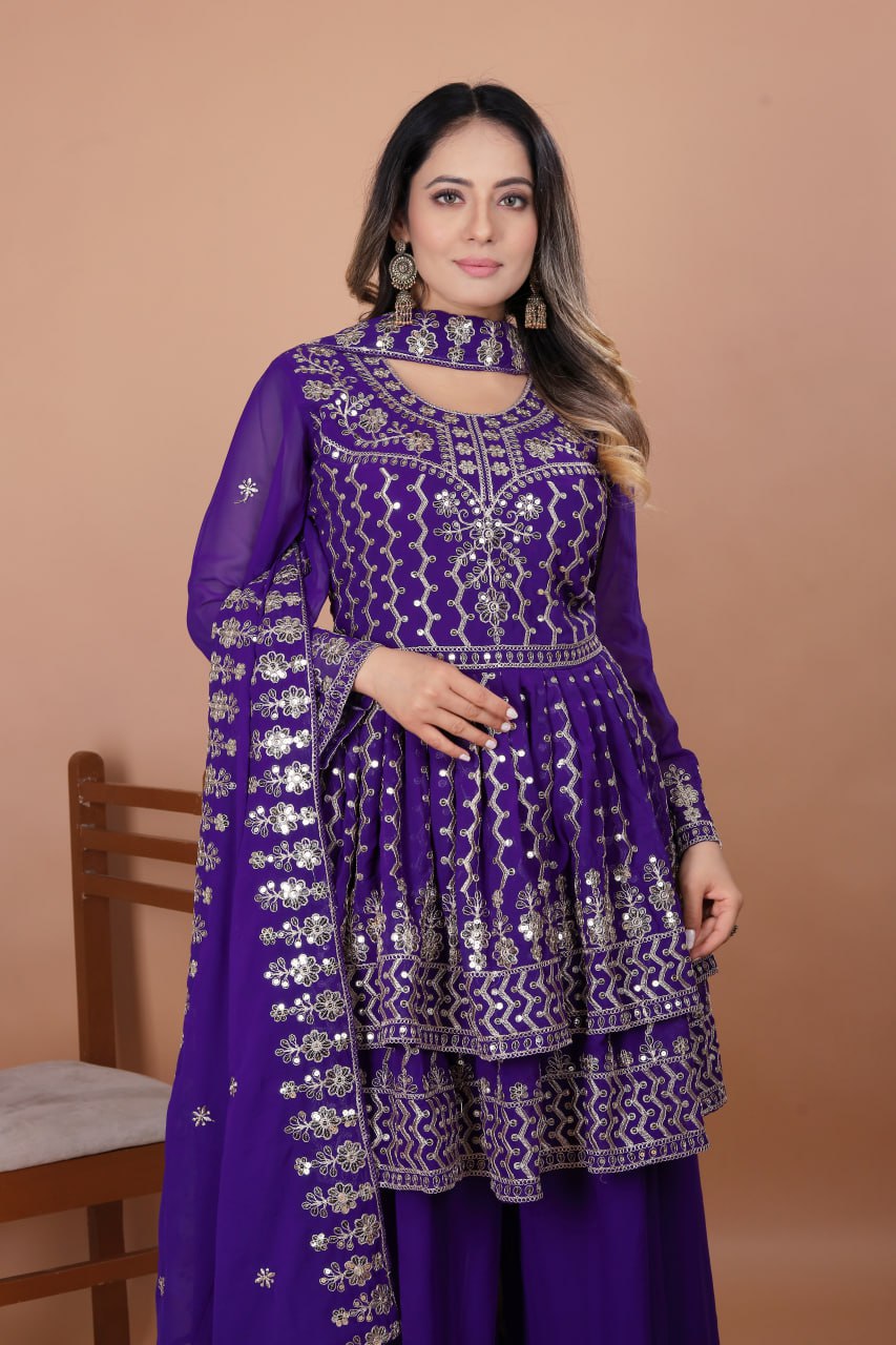 Prazu Fashion Violet Blue Georgette Sequence Embroidered Sharara Suit | Grocsy