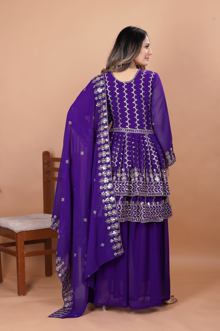 Prazu Fashion Violet Blue Georgette Sequence Embroidered Sharara Suit | Grocsy