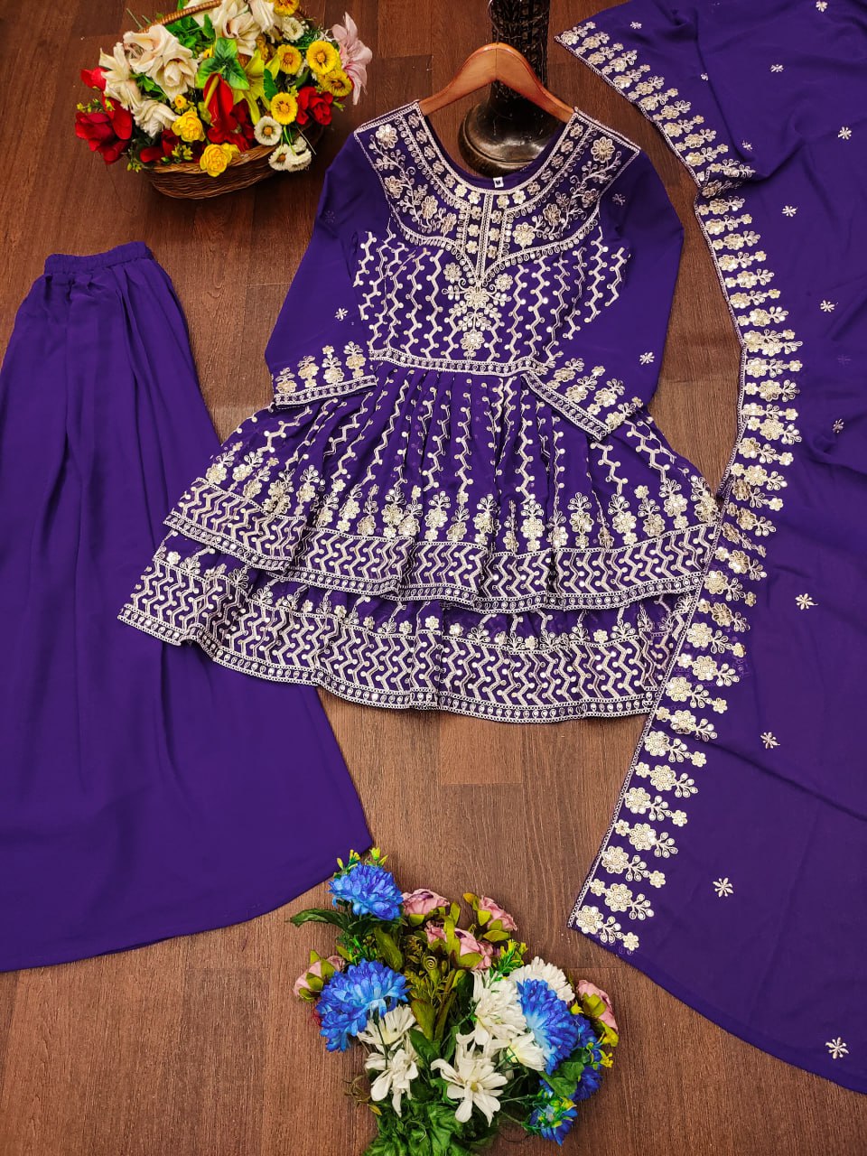Prazu Fashion Violet Blue Georgette Sequence Embroidered Sharara Suit | Grocsy