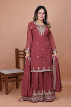 Prazu Fashion Gajri Red Georgette Embroidered Sharara Suit | Grocsy