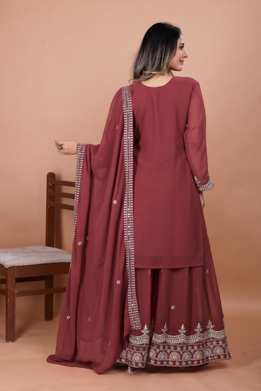 Prazu Fashion Gajri Red Georgette Embroidered Sharara Suit | Grocsy
