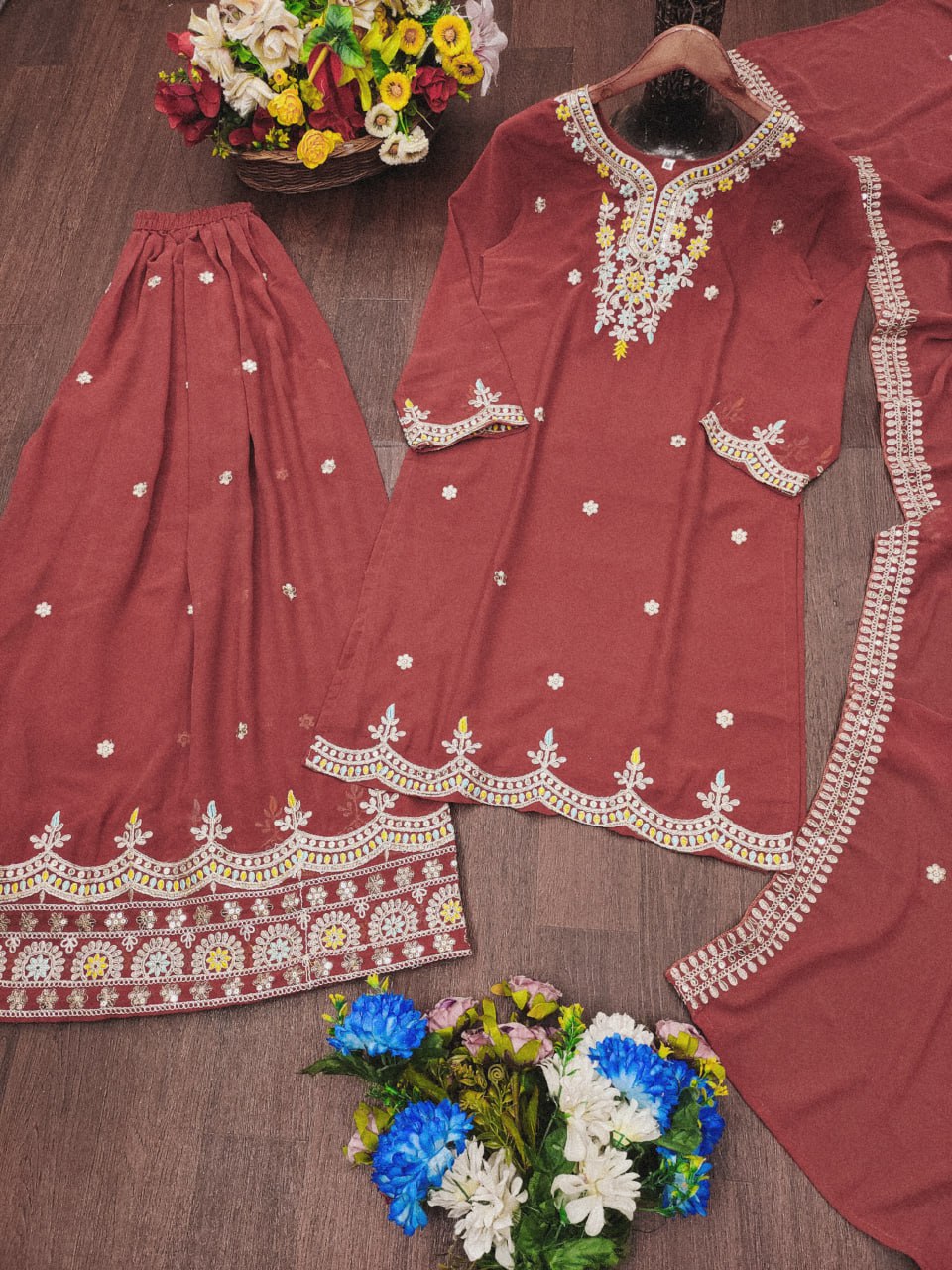 Prazu Fashion Gajri Red Georgette Embroidered Sharara Suit | Grocsy