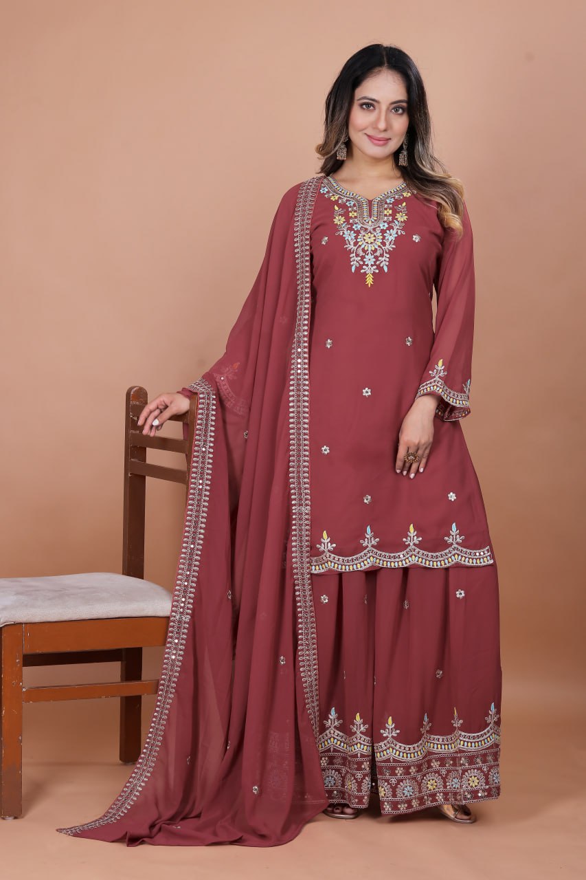 Prazu Fashion Gajri Red Georgette Embroidered Sharara Suit | Grocsy