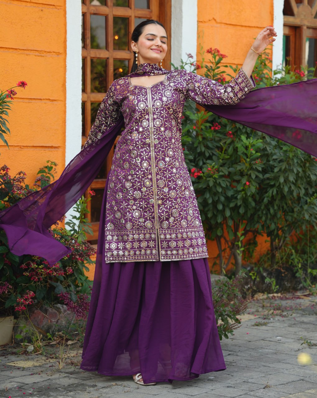 Prazu Fashion Purple Tapeta Silk With Fusing Embroidered Mirror Work Sharara Suit | Grocsy