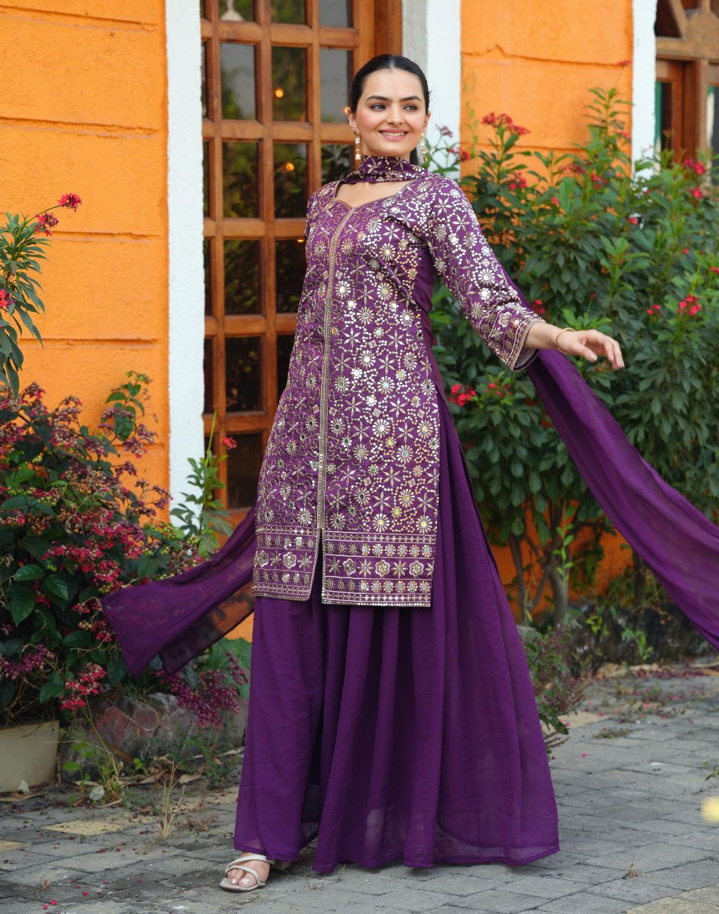 Prazu Fashion Purple Tapeta Silk With Fusing Embroidered Mirror Work Sharara Suit | Grocsy