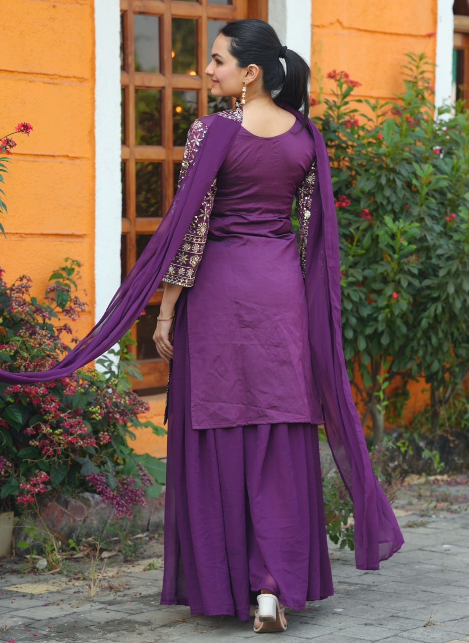 Prazu Fashion Purple Tapeta Silk With Fusing Embroidered Mirror Work Sharara Suit | Grocsy