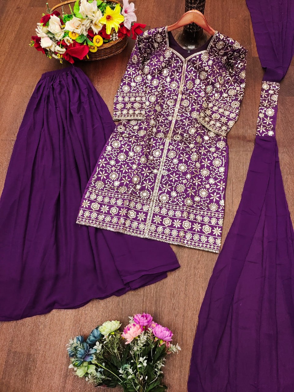 Prazu Fashion Purple Tapeta Silk With Fusing Embroidered Mirror Work Sharara Suit | Grocsy