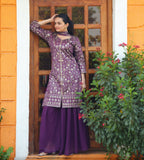 Prazu Fashion Purple Tapeta Silk With Fusing Embroidered Mirror Work Sharara Suit | Grocsy