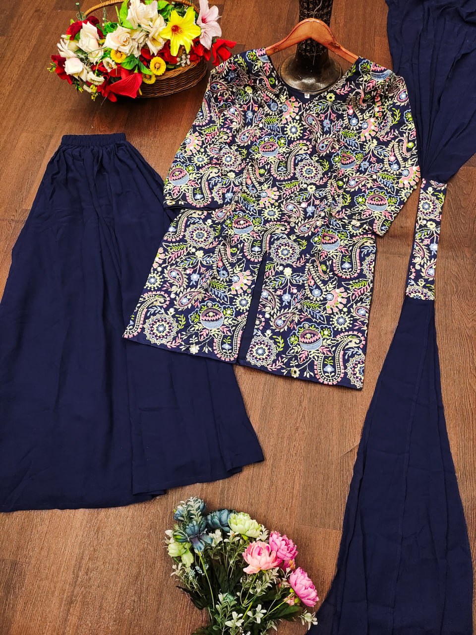 Prazu Fashion Blue Tapeta Silk With Fusing Embroidered Sharara Suit | Grocsy