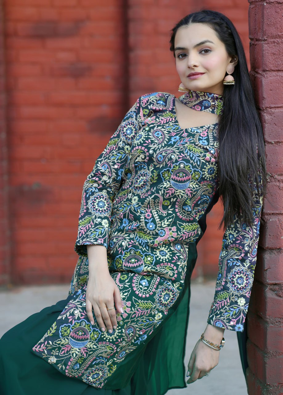 Prazu Fashion Green Tapeta Silk With Fusing Embroidered Sharara Suit | Grocsy
