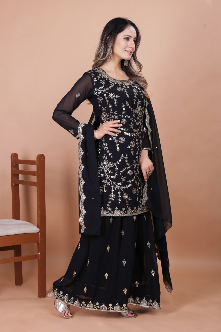 Prazu Fashion Black Georgette Embroidered Sequence Sharara Suit | Grocsy