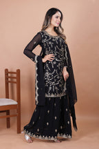 Prazu Fashion Black Georgette Embroidered Sequence Sharara Suit | Grocsy