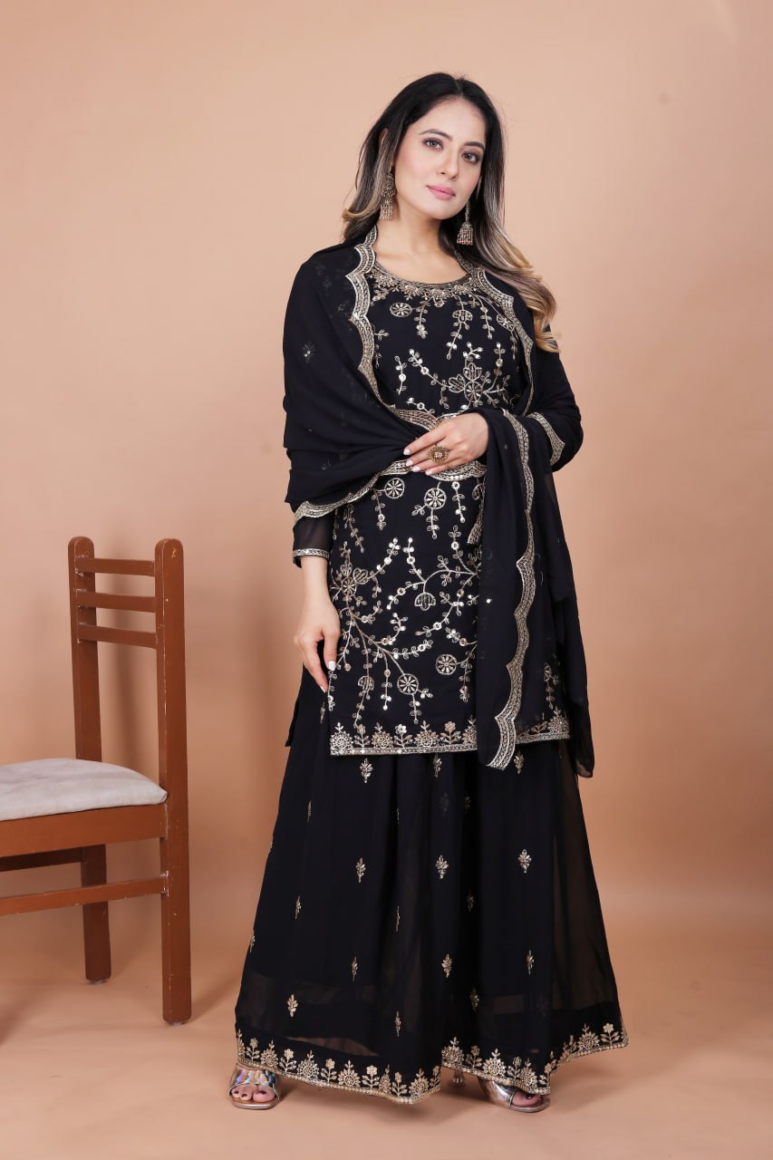 Prazu Fashion Black Georgette Embroidered Sequence Sharara Suit | Grocsy