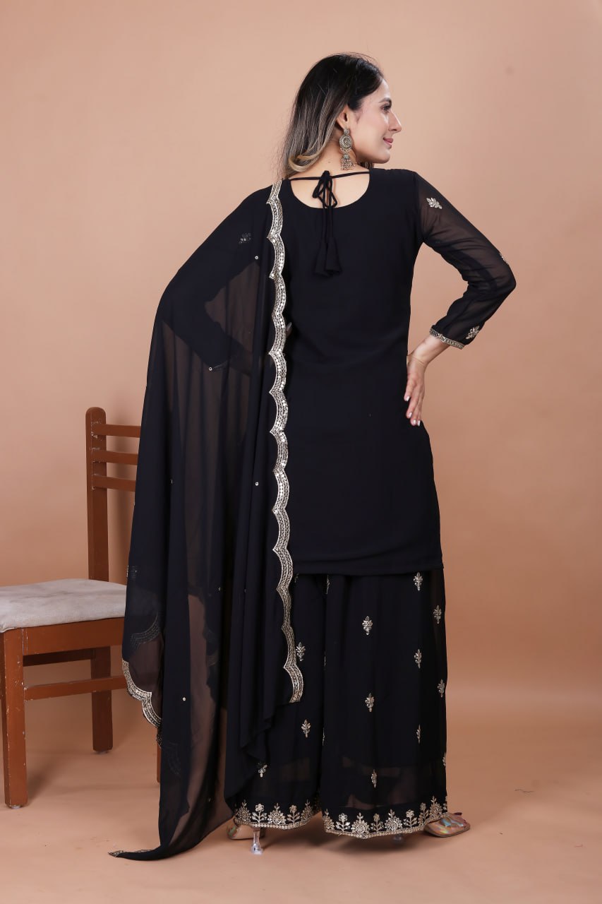 Prazu Fashion Black Georgette Embroidered Sequence Sharara Suit | Grocsy