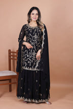 Prazu Fashion Black Georgette Embroidered Sequence Sharara Suit | Grocsy