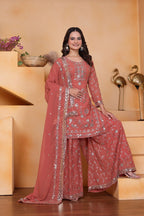 Prazu Fashion Peach Georgette Sequin Embroidered Sharara Suit | Grocsy