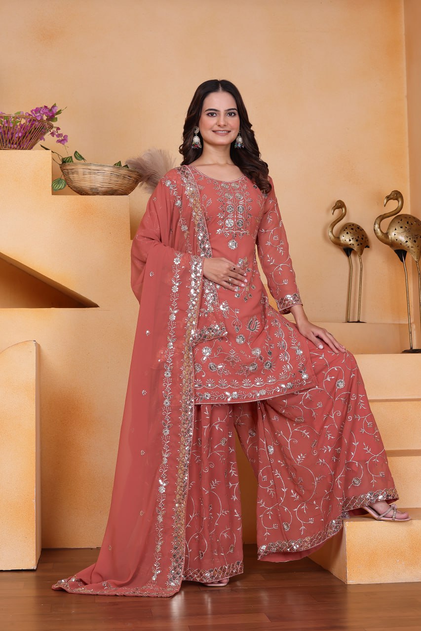 Prazu Fashion Peach Georgette Sequin Embroidered Sharara Suit | Grocsy