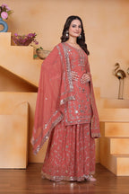 Prazu Fashion Peach Georgette Sequin Embroidered Sharara Suit | Grocsy