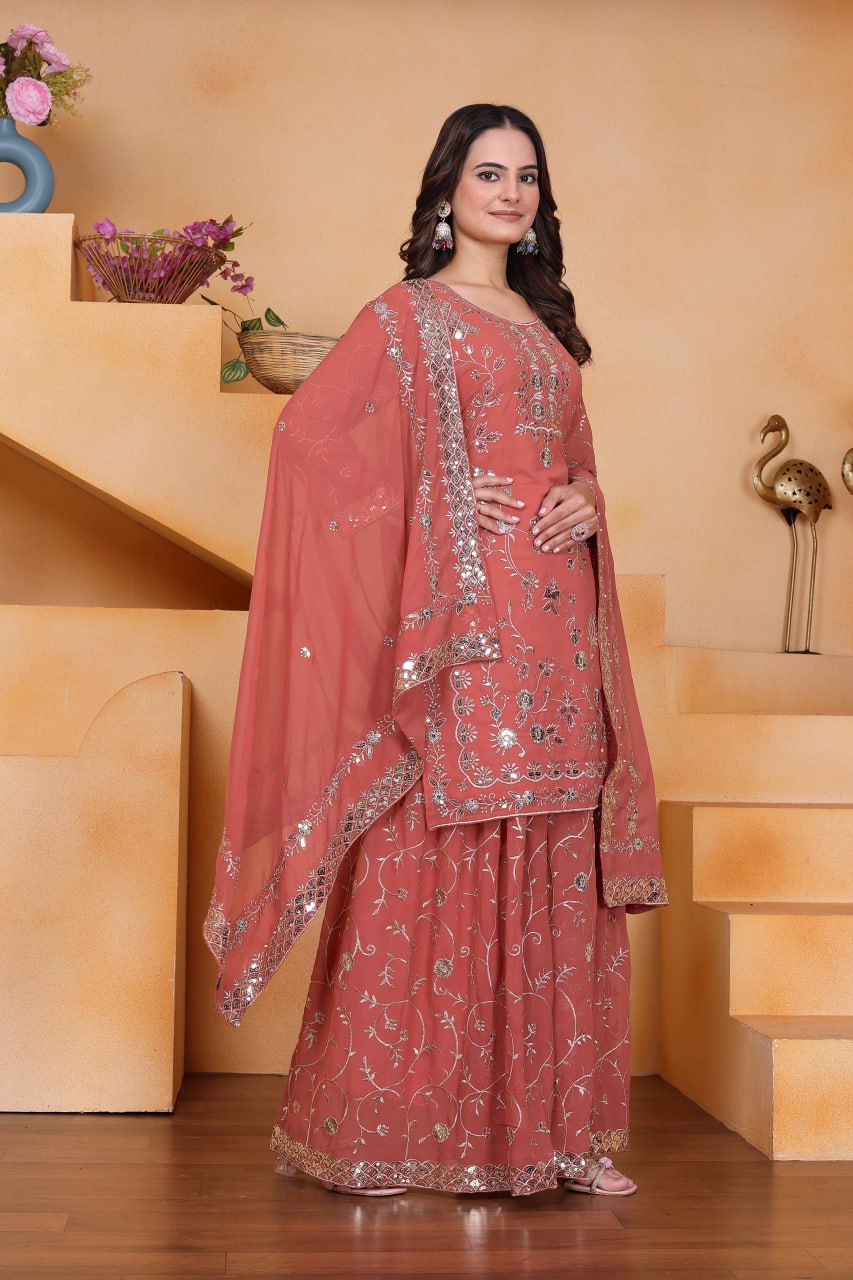 Prazu Fashion Peach Georgette Sequin Embroidered Sharara Suit | Grocsy