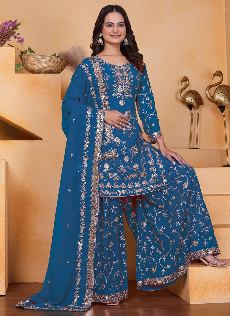 Prazu Fashion Blue Georgette Sequin Embroidered Sharara Suit | Grocsy