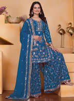 Prazu Fashion Blue Georgette Sequin Embroidered Sharara Suit | Grocsy