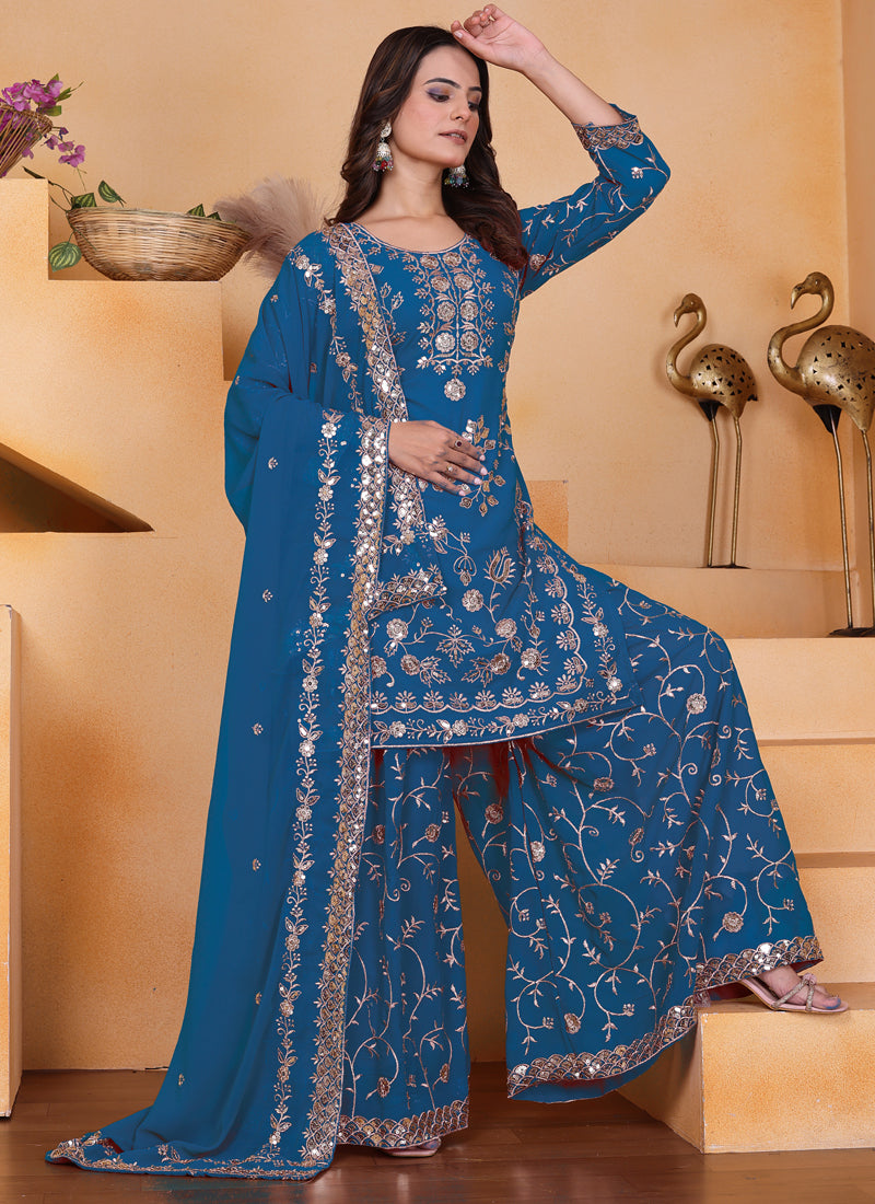 Prazu Fashion Blue Georgette Sequin Embroidered Sharara Suit | Grocsy