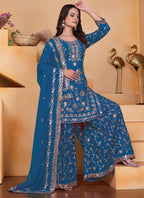 Prazu Fashion Blue Georgette Sequin Embroidered Sharara Suit | Grocsy