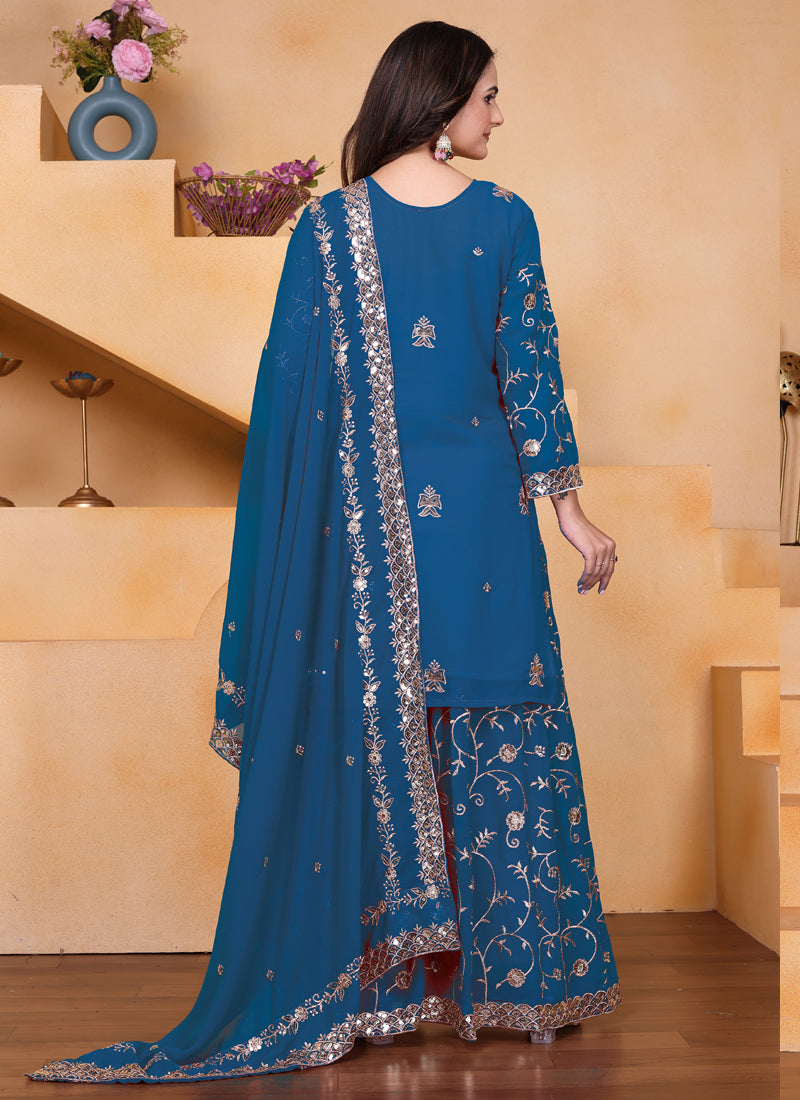 Prazu Fashion Blue Georgette Sequin Embroidered Sharara Suit | Grocsy