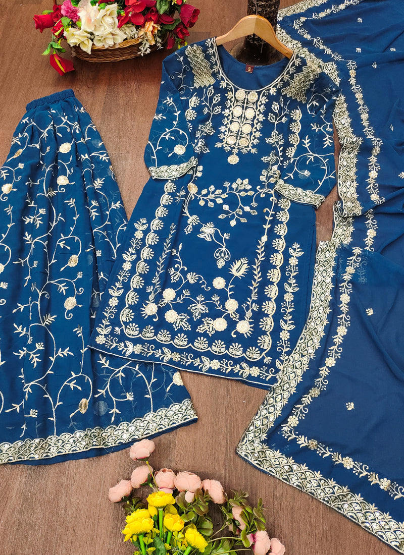 Prazu Fashion Blue Georgette Sequin Embroidered Sharara Suit | Grocsy