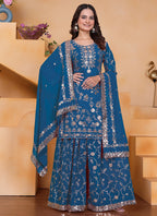 Prazu Fashion Blue Georgette Sequin Embroidered Sharara Suit | Grocsy