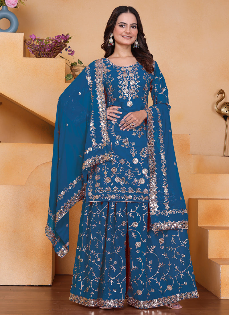 Prazu Fashion Blue Georgette Sequin Embroidered Sharara Suit | Grocsy